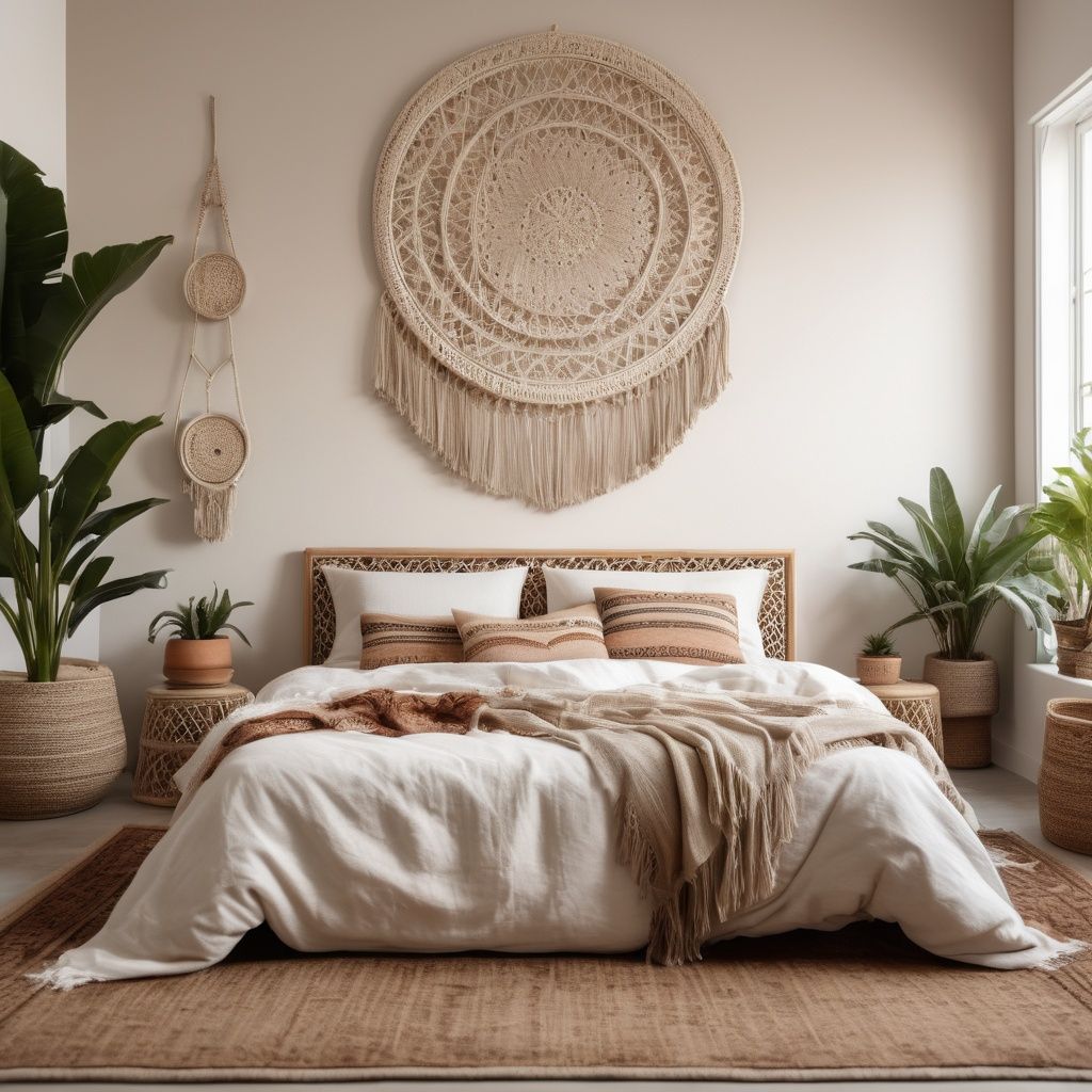 Fotorealistische Konzeptvisualisierung eines Schlafzimmers im Boho-Stil mit weichen Textilien, Pflanzen und warmer Atmosphäre.