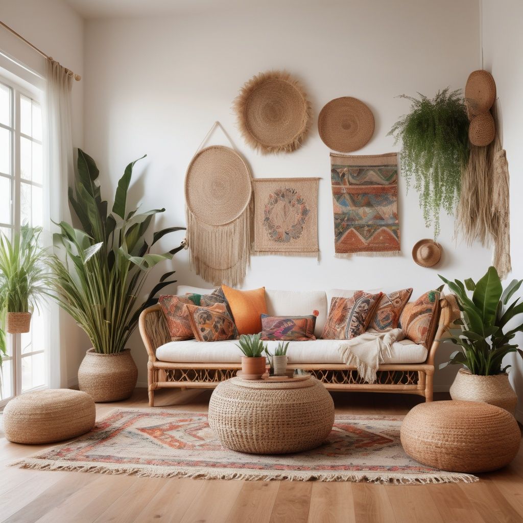 Fotorealistische Konzeptvisualisierung eines Wohnzimmers im Boho-Stil mit Textilschichten, Pflanzen und warmen Naturtönen.