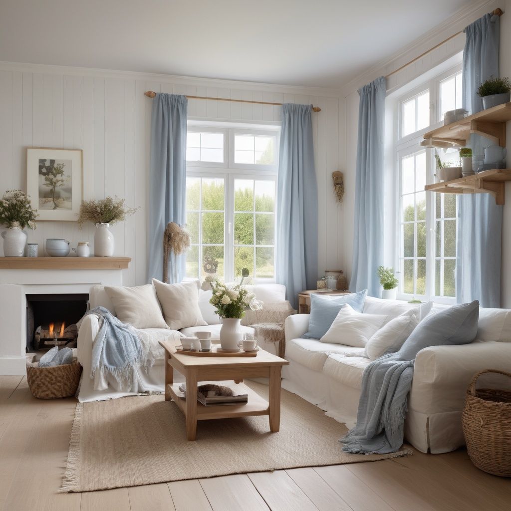 Fotorealistische Konzeptvisualisierung eines gemütlichen Wohnzimmers im Landhaus-Stil mit natürlichen Materialien und warmem Licht.