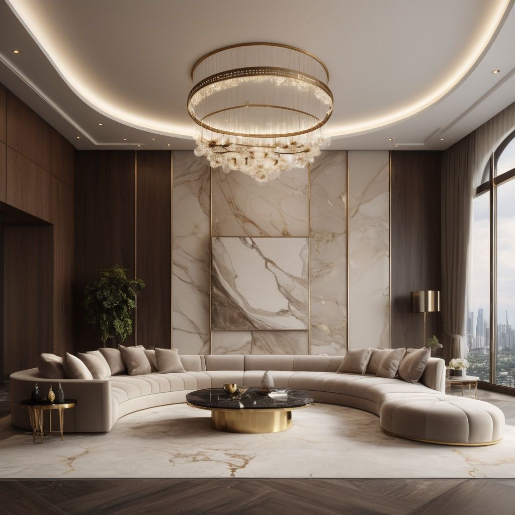 Fotorealistische Konzeptvisualisierung eines eleganten Wohnzimmers mit edlen Materialien, warmer Beleuchtung und ruhiger Farbpalette.